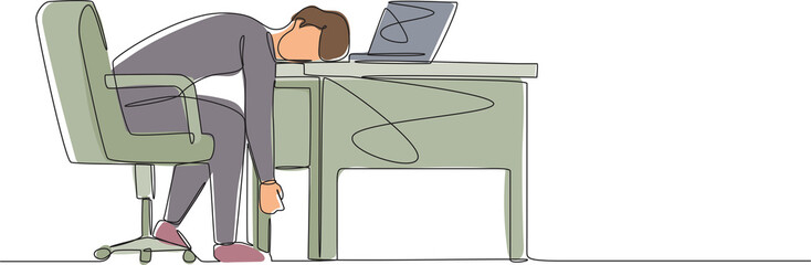 Fototapete - Continuous one line drawing professional burnout syndrome. Exhausted sick tired male manager in office sad boring sitting with head down on laptop. Single line draw design vector graphic illustration