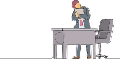 Aufkleber - Single continuous line drawing businessman hugging laptop at office. Love to computer concept. Young emotional male. Human emotions, facial expression. One line draw graphic design vector illustration