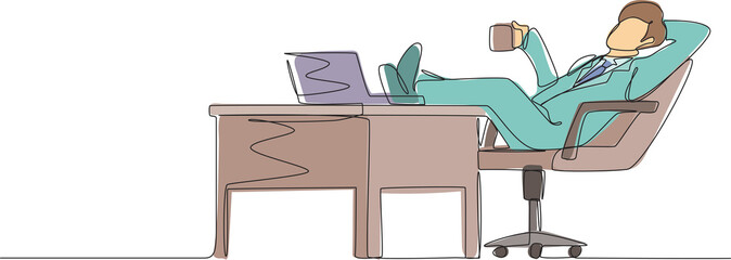 Fototapete - Single one line drawing young businessman work relaxed at desk and drink cup of coffee. Flat design of employee character working with laptop computer. Continuous line draw graphic vector illustration