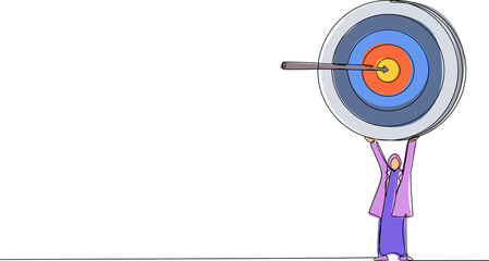 Poster - Single one line drawing Arabian businesswoman holding up big target with arrow. Female manager with aim as symbol of having success idea. Modern continuous line draw design graphic vector illustration