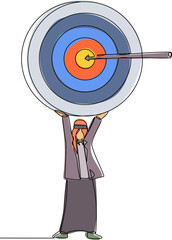 Poster - continuous one line drawing arabian businessman holding up big target with an arrow. smart male mana