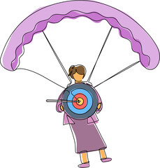 Poster - Single continuous line drawing cute businesswoman holding target with arrow in bullseye and jumping with parachute. Goal setting. Professional manager. One line draw graphic design vector illustration