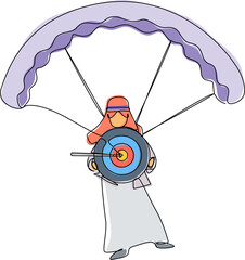Poster - Continuous one line drawing Arabian businessman holding target with arrow in bullseye and jumping with parachute. Goal setting. Smart goal. Business target. Single line draw design vector illustration
