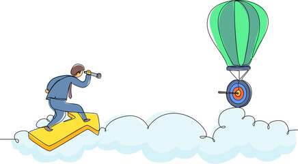 Poster - Single one line drawing male employee fly on arrow and using monocular to see business vision on hot air balloon. Business finance goal concept. Continuous line draw design graphic vector illustration