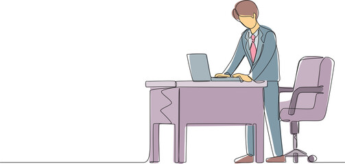 Poster - single one line drawing man employee working at ergonomic workstation. office furniture with compute