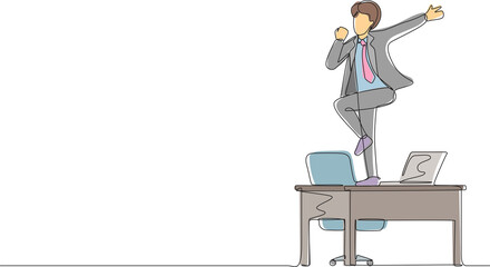 Poster - Continuous one line drawing happy office worker dancing on desk. Young businessman dancing while sitting at desk. Having fun at work. Work from home concept. Single line draw design vector graphic