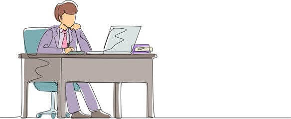 Fototapete - Single continuous line drawing businessman writing sitting in front of laptop at table. Young male studying and writing in notebook, at desk in front of computer. One line draw graphic design vector