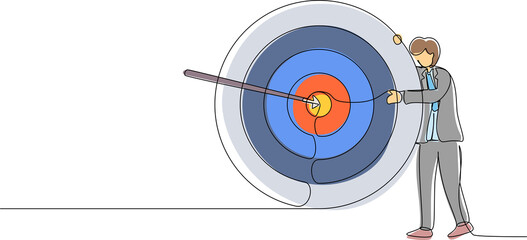 Poster - single one line drawing businessman hugs and stands next to circle of target, arrow that hit target 