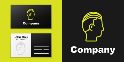 Poster - Logotype line Hairstyle for men icon isolated on black background. Logo design template element. Vector