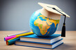 © Mukhlesur - Concept of global business study abroad education. Graduation hat on models globe. Generative Ai
