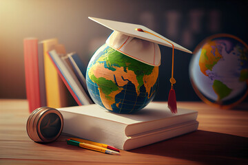 Concept of global business study abroad education. Graduation hat on models globe. Generative Ai