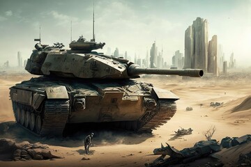 battle tank, with view of battle-scarred cityscape in the background, created with generative ai