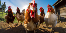 Playful GoPro Snapshot Of Chickens Enjoying The Sunshine On A Farm. Generative AI