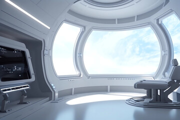 white and clean spaceship interior with view on planet mountains. 3d rendering style of a spaceship 