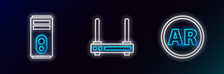 Poster - Set line Ar, augmented reality, Computer and Router and wi-fi signal icon. Glowing neon. Vector