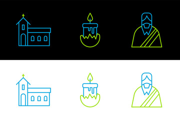 Poster - Set line Jesus Christ, Church building and Burning candle icon. Vector