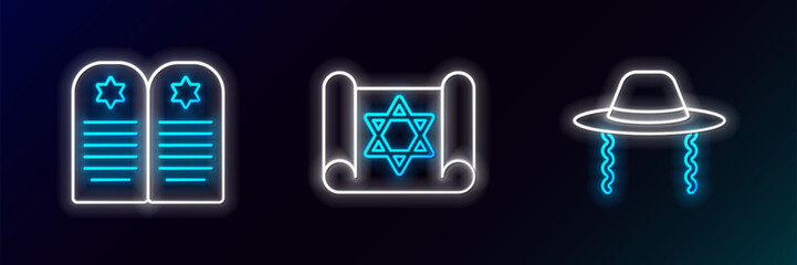 Sticker - Set line Orthodox jewish hat, Tombstone with star of david and Torah scroll icon. Glowing neon. Vector