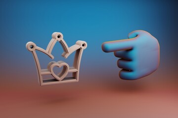 Poster - Beautiful illustrations abstract Hand index finger points to crown with heart symbol icon on a multicolor bright background. 3d rendering illustration. Background pattern for design. Mothers Day.
