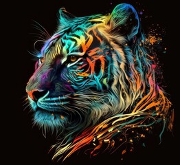 Naklejka na meble Colorful Tiger illustration in black background. generative ai.