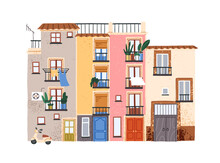 Southern Apartment Building Facade. Old Colorful South House Exterior With Plants And Laundry On Balconies. Cozy Spanish Town Architecture, Home. Flat Vector Illustration Isolated On White Background