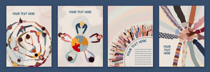 Poster - Volunteer people concept brochure leaflet poster editable template. Raised arms and hands up multicultural people. People diversity in a circle with hands on top of each other top view