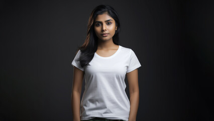 Beautiful indian woman with freckles wearing simple white t-shirt. Isolated on grey background. White t- shirt mock up.