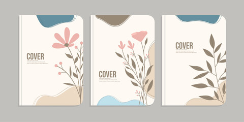 Wall Mural - set of book cover designs with hand drawn floral decorations. abstract retro botanical background. A4 size For notebooks, books, school books, planners, brochures, books, catalogs