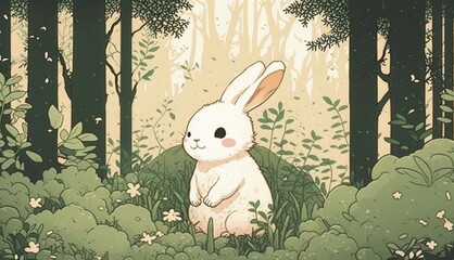 Wall Mural - Fluffy cute Rabbit baby in the forest in laughing happily, style, Animal, Rabbit baby, Generate Ai