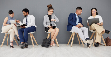 Aufkleber - Talking, waiting and business people with tech in office, checking the time and planning. Meeting, team and corporate employees busy getting ready for an interview, networking and helping with work