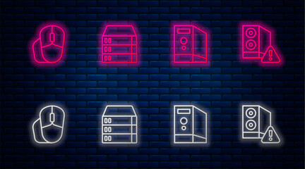 Poster - Set line Server, Data, Web Hosting, Case of computer, Computer mouse and . Glowing neon icon on brick wall. Vector