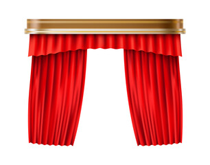 Realistic red curtains. Stage cover. Luxury satin fabric