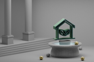 Aufkleber - Beautiful abstract illustrations house clean energy symbol icon on a fountain and column background. 3d rendering illustration. Save Ecological..