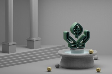 Leinwandbilder - Beautiful abstract illustrations hand leaf symbol icon on a fountain and column background. 3d rendering illustration. Save Ecological..