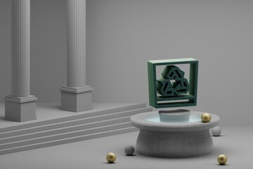 Aufkleber - Beautiful abstract illustrations Recycle symbol icon on a fountain and column background. 3d rendering illustration. Save Ecological..