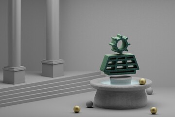 Poster - Beautiful abstract illustrations sun panel energy symbol icon on a fountain and column background. 3d rendering illustration. Save Ecological..