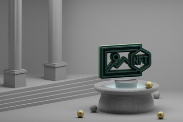 Leinwandbilder - Beautiful abstract illustrations Green NFT Art symbol icon on a fountain and column background. 3d rendering illustration.
