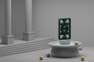 Leinwandbilder - Beautiful abstract illustrations Green NFT Smartphone symbol icon on a fountain and column background. 3d rendering illustration.