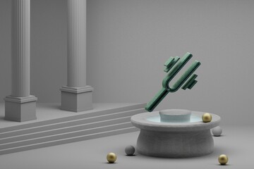 Poster - Beautiful abstract illustrations musical Tuning Fork Vibrating symbol icon on a fountain and column background. 3d rendering illustration.