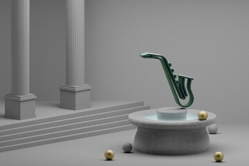 Poster - Beautiful abstract illustrations musical Inclined Saxofon symbol icon on a fountain and column background. 3d rendering illustration.