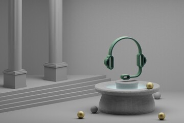 Poster - Beautiful abstract illustrations musical Headphones with Mic symbol icon on a fountain and column background. 3d rendering illustration.