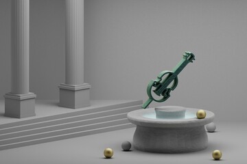 Aufkleber - Beautiful abstract illustrations musical Inclined Cello symbol icon on a fountain and column background. 3d rendering illustration.