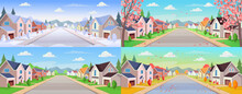 Suburban Houses, Street With Cottages With Garages At Different Times Of The Year, Winter, Spring, Summer, Autumn. A Street Of Houses With A Road In Perspective. Village. Vector Illustration In Carto