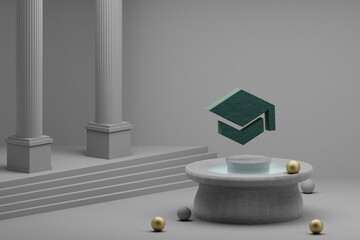 Aufkleber - Beautiful abstract illustrations Green School symbol icon on a fountain and column background. 3d rendering illustration.