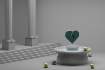 Poster - Beautiful abstract illustrations Green Heart Broken symbol icon on a fountain and column background. 3d rendering illustration.