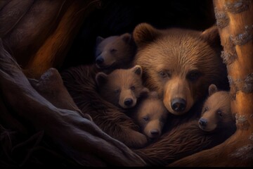Wall Mural - bear den with newborn cubs snuggled together, created with generative ai