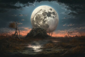 Canvas Print - serene night scene with a full moon illuminating a calm body of water created with Generative AI technology