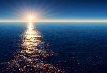 blue bright ocean panorama wit sun, open sea with clear sky. generative ai