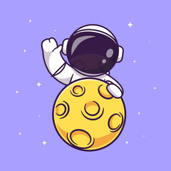 Wall Mural - Cute Astronaut Waving Hand On Moon Cartoon Vector Icon Illustration. Science Technology Icon Concept Isolated Premium Vector. Flat Cartoon Style