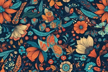 Wall Mural - vibrant blue and orange floral pattern with an abundance of flowers created with Generative AI technology