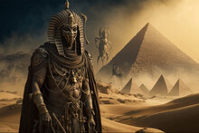 Egyptian Pharaoh In The Desert With Pyramids In The Background. Ancient Egyptian Deity. 3D Vector Illustration. Digital Painting